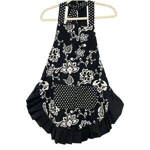 Women's Black  & White Floral Pleated Ruffled Apron With Pockets Round Hem Cook